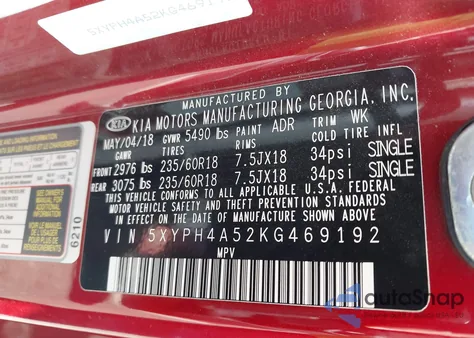 2019 Kia Sorento 3.3L Ex from USA, damaged, VIN 5XYPH4A52KG469192